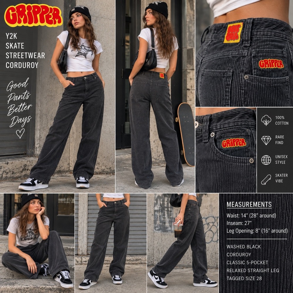 Empyre Corduroy Pants 28 Wide Wale Y2K Streetwear Washed Black  Indie Sleeze